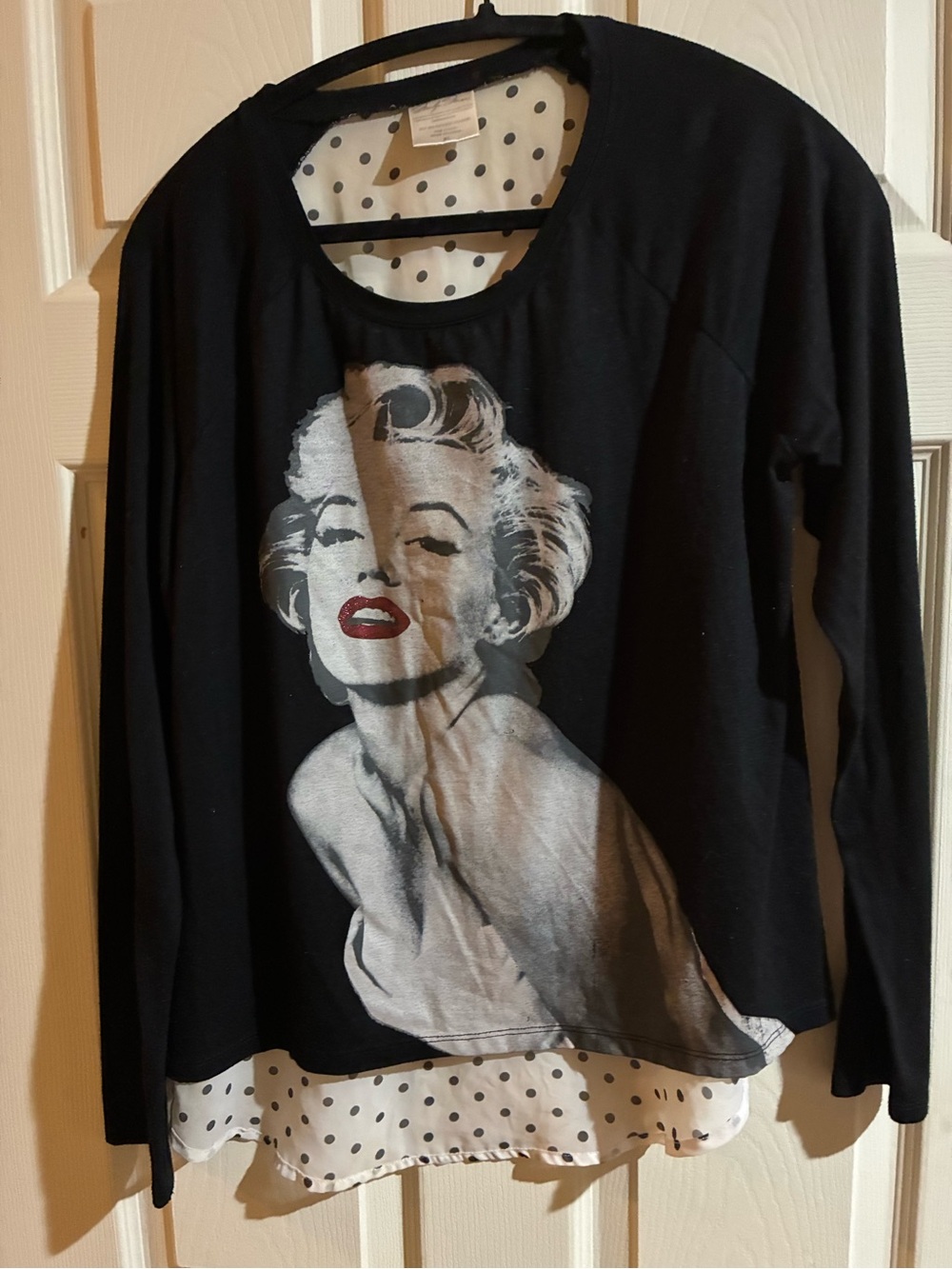 Black Long-Sleeve Graphic Top with Polka Dot Hem